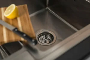 A stainless steel kitchen sink with a cutting board resting on the edge. On the board are a halved lemon and a knife, with the sink drain clearly visible below.