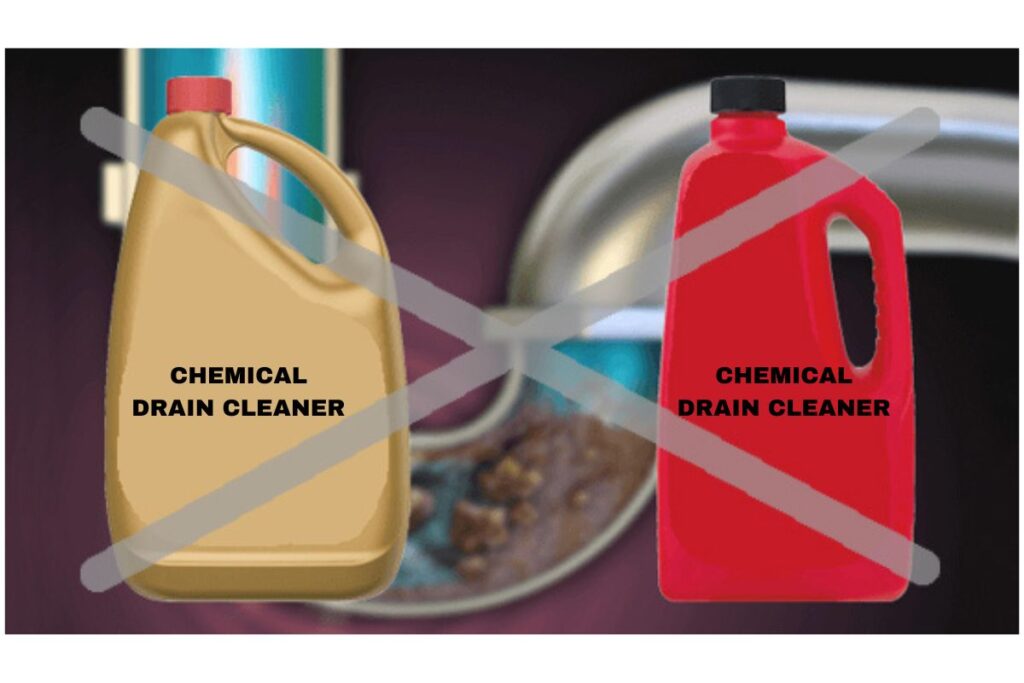 Two plastic bottles labeled "Chemical Drain Cleaner" are crossed out with a large gray X, against a background of a clogged sink drain.