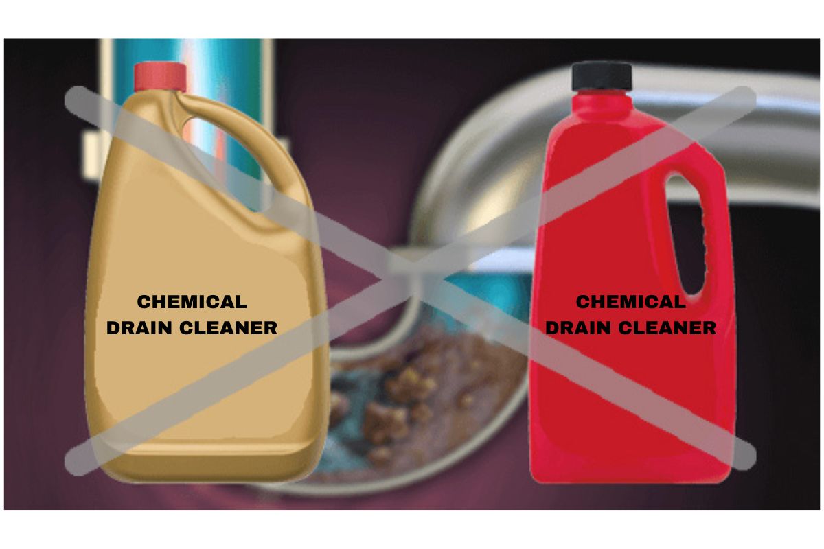 Two plastic bottles labeled "Chemical Drain Cleaner" are crossed out with a large gray X, against a background of a clogged sink drain.
