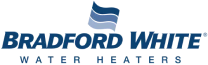 Logo for "Bradford White Water Heaters" with blue stylized waves above the company name in bold blue letters.