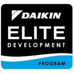 About us: Daikin Elite Development Program logo with a black background, white and blue text, and a blue wave design at the bottom.