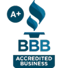 Blue logo with "A+" in a circle, a stylized torch, and the letters "BBB" above the words "Accredited Business." This indicates an A+ rating from the Better Business Bureau.