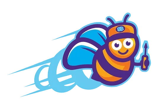 A cartoon bee wearing a cap and holding a screwdriver flies quickly, leaving blue motion trails behind it. The bee is smiling and has blue and orange stripes.