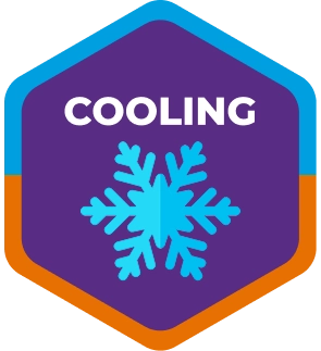 A hexagonal badge with a purple center and blue border, displaying the word "COOLING" above a blue snowflake icon. The bottom edge of the badge is highlighted in orange.