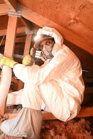 A person wearing a protective suit, gloves, and a respirator mask crouches in an attic, holding a hose and working near insulation material under a wooden roof.