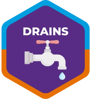 A badge-shaped icon with the word "DRAINS" above an illustration of a white faucet and a single blue water droplet, set against a purple background with an orange border.