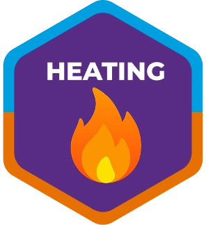 A hexagonal badge with a purple center, displaying the word "HEATING" above an orange and yellow flame icon. The badge has a blue top border and an orange bottom border.