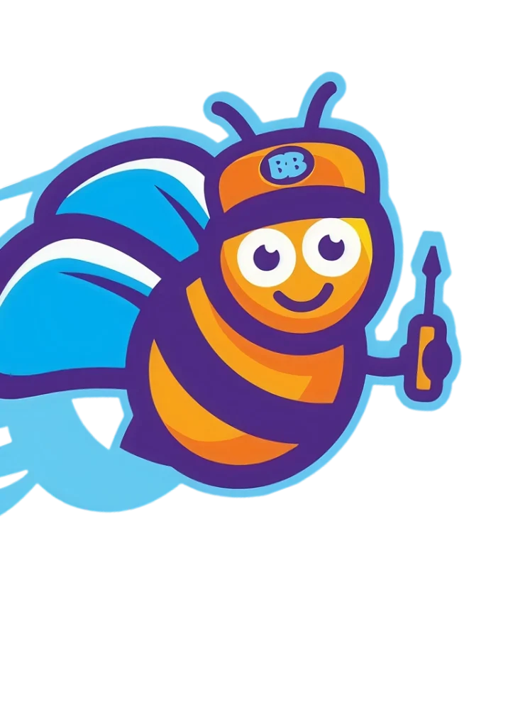 A cartoon bee with blue wings, orange and yellow striped body, wearing a headband labeled "BB," smiling and holding a blue pen in its right hand.