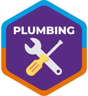 A hexagonal badge with a purple center showing a wrench and screwdriver crossed, labeled "PLUMBING" at the top, bordered in blue and orange.