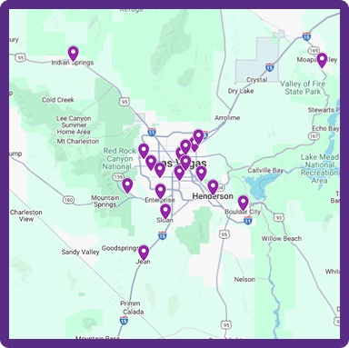 A map of the Las Vegas area with multiple purple location pins marking various spots around the city and surrounding regions. Major roads, parks, and city names are visible.