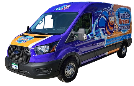 A colorful van with "Bumble Breeze" branding features a large smiling cartoon bee on the side. The van is mainly purple with blue and orange accents and company logos.