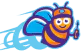 Illustration of a smiling cartoon bee with blue wings, orange and purple stripes, and holding a blue object, flying with a blue trail behind it.
