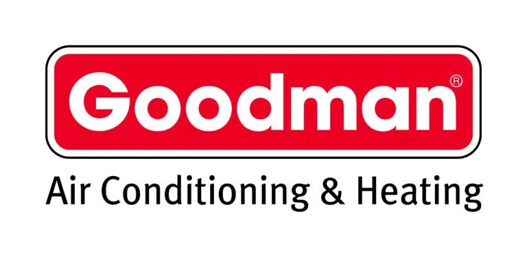 The image shows the Goodman logo, with "Goodman" in bold white letters inside a red rounded rectangle, and "Air Conditioning & Heating" in black below it—perfect for an about us page introducing the brand.