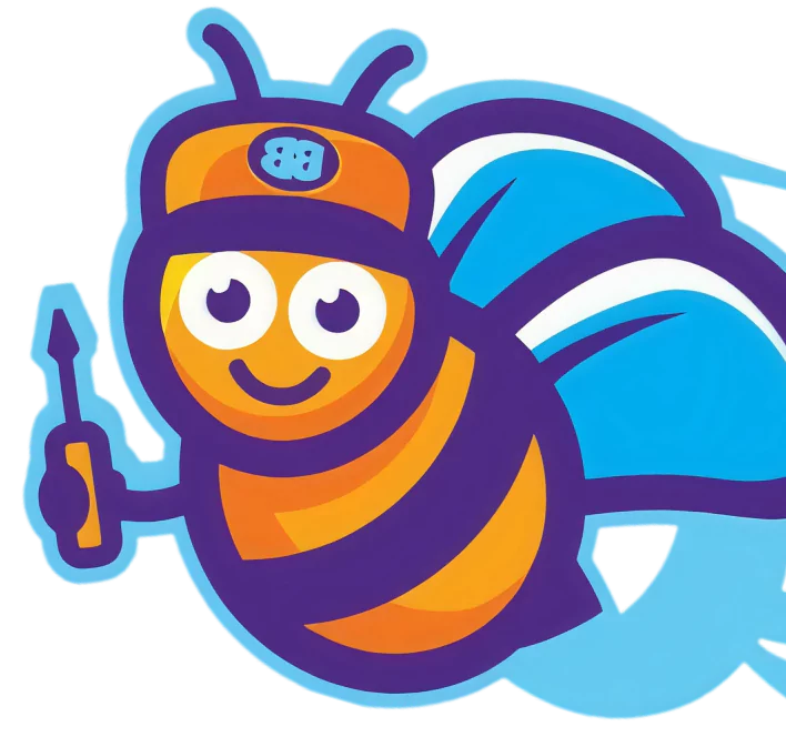 A cartoon bee with blue wings, an orange and purple striped body, wearing a cap with a "B" and holding a screwdriver, smiling cheerfully.