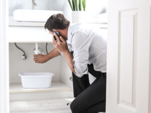 %Focuskw% | Bumble Breeze Plumbing, Heating &Amp; Air A man kneels in front of an open bathroom sink cabinet, holding a phone to his ear and inspecting the pipes. A white container is placed underneath the pipes to catch water.