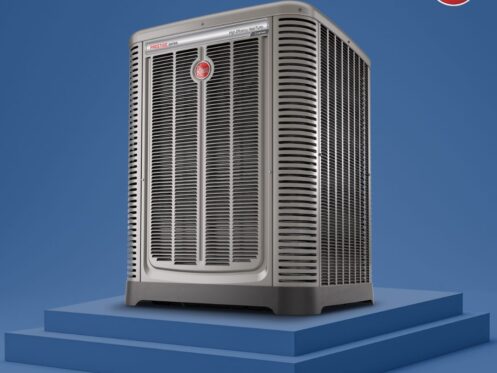 A large gray HVAC unit with vertical vents and a central logo stands on a blue, multi-level platform against a blue background.
