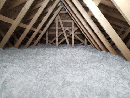 Attic with exposed wooden beams and trusses, floor covered with thick, fluffy white insulation material.