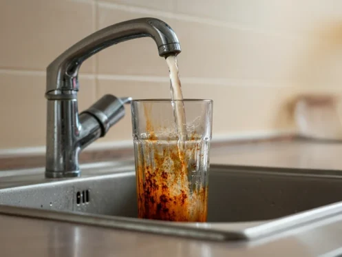 A glass under a kitchen faucet fills with brown, rusty water in a sink, indicating contaminated or unsafe tap water.
