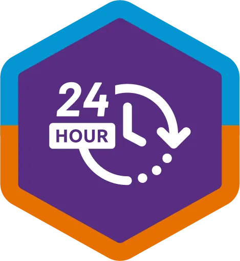 A hexagonal badge with a purple center, blue top border, and orange bottom border, featuring a white clock icon, curved arrow, and "24 HOUR" text, symbolizing 24-hour availability or service.