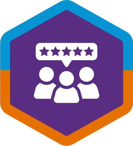 A hexagonal icon with a blue and orange border showing three people figures on a purple background, with a speech bubble above displaying five stars.