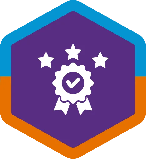 A hexagon-shaped badge with a purple center, blue top edge, and orange bottom edge. In the center, there is a white award ribbon with a check mark and three stars above it.