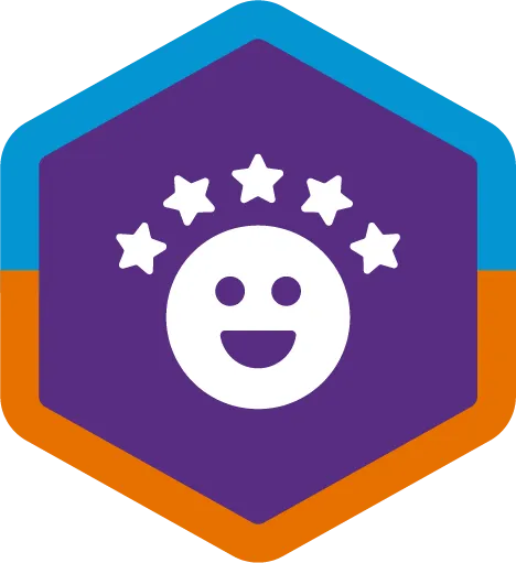 A hexagonal badge with a purple center, blue top edge, and orange bottom edge, featuring a white smiling face and five white stars arranged above it.