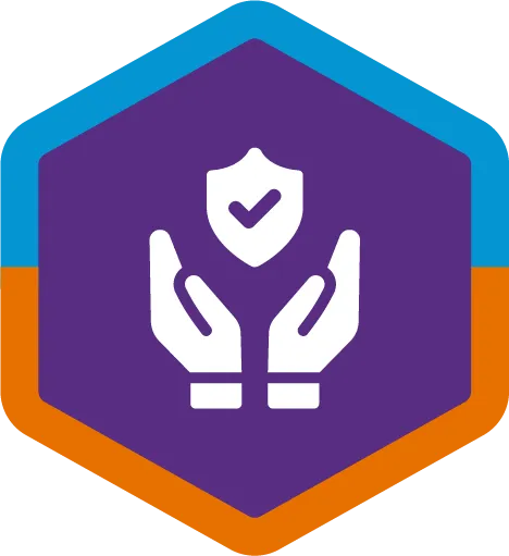 A hexagonal badge with a purple center, featuring two white hands holding a shield with a checkmark. The hexagon has a blue top edge and an orange bottom edge.