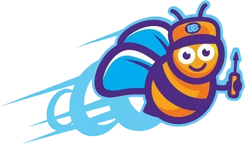 Cartoon bee wearing an orange headband with "BB" on it, flying quickly with motion lines and holding a small screwdriver, smiling cheerfully.