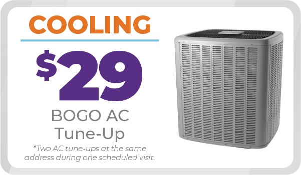 Ad for a cooling service shows "$29 BOGO AC Tune-Up" with a large AC unit on the right. Fine print reads: "Two AC tune-ups at the same address during one scheduled visit.