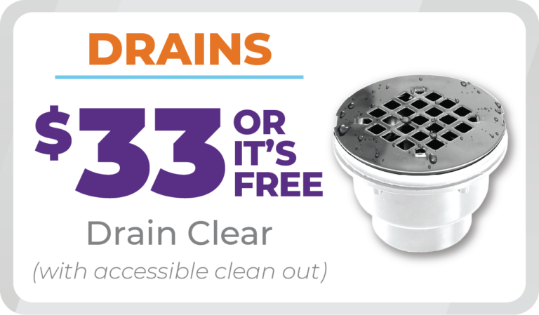 Advertisement for drain cleaning showing a metal drain with water drops. Text reads: "DRAINS $33 or it’s free. Drain Clear (with accessible clean out).