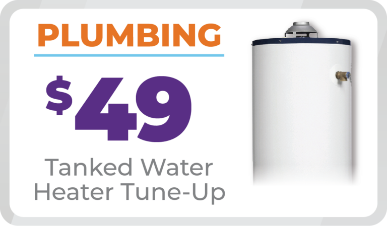 Advertisement for a $49 tanked water heater tune-up, featuring bold text and an image of a white water heater. The word "PLUMBING" is highlighted in orange at the top.
