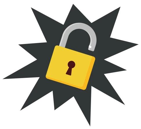 A yellow padlock with an open shackle is displayed in front of a black starburst shape, symbolizing an unlocked or accessible state.
