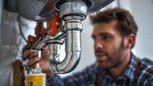 A man in a plaid shirt examines the plumbing under a sink, focusing on the shiny metal pipes and valves.
