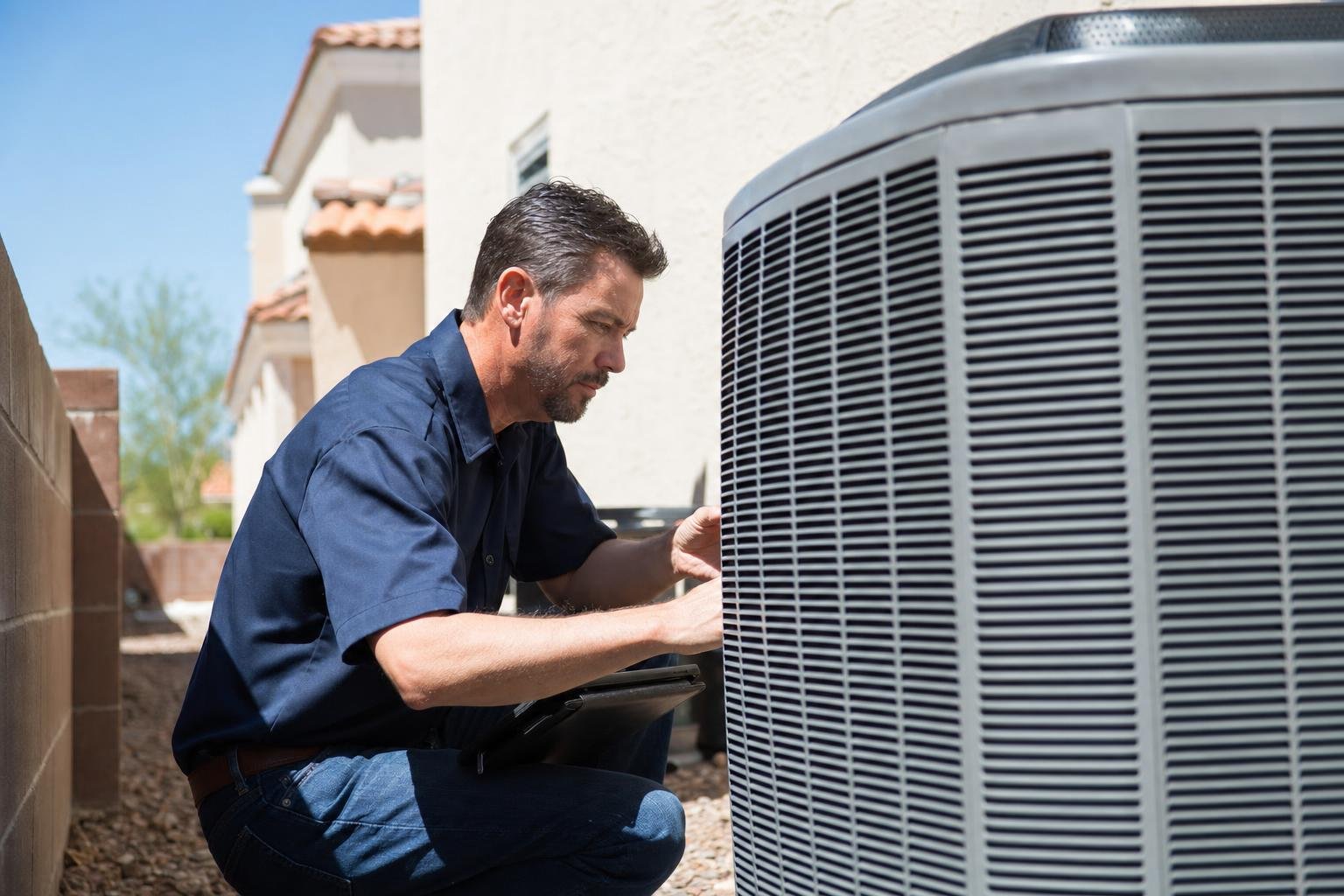 A technician in a navy shirt kneels outside, working on a large air conditioning unit next to a house on a sunny day.
