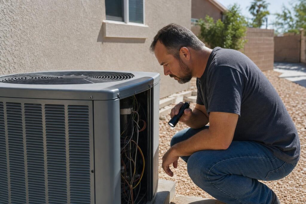 A man crouches next to an outdoor air conditioning unit, inspecting its open panel with a flashlight during daylight, beside a house with a gravel yard.
