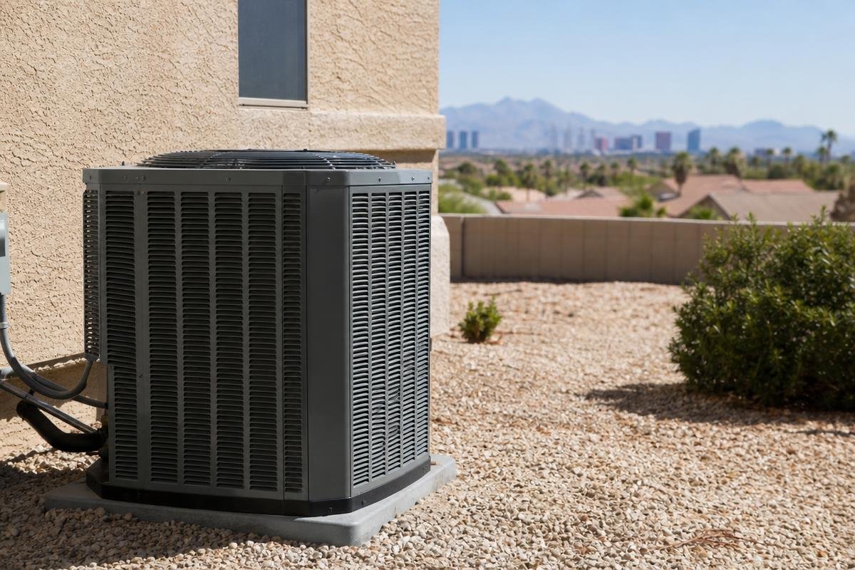 An outdoor air conditioning unit sits on gravel beside a building, with desert plants and a city skyline visible in the background.