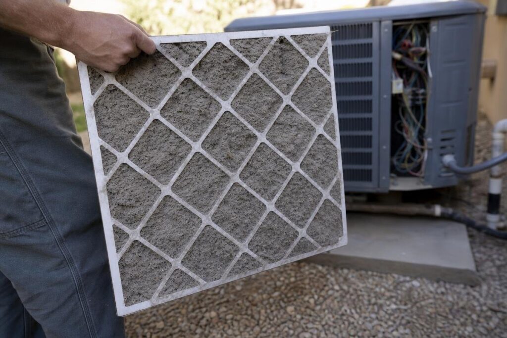 A person holds a very dirty air filter next to an outdoor HVAC unit, indicating it needs replacement or cleaning.