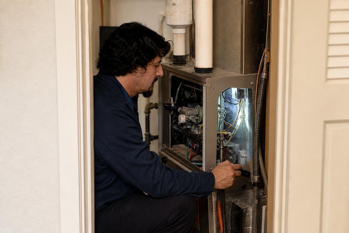 A man kneels in front of an open furnace, inspecting its wiring and components with a flashlight in a utility closet.