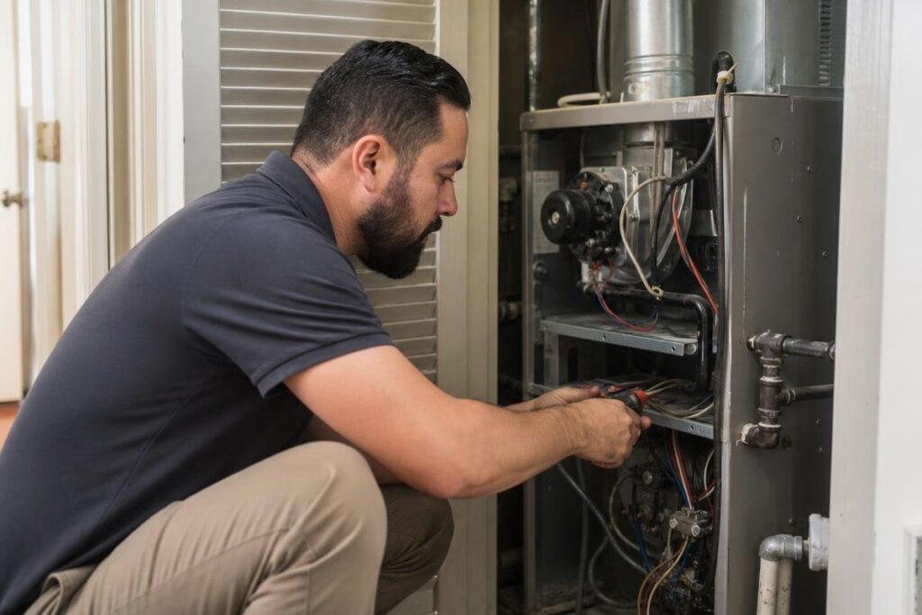 A man kneels while repairing or inspecting a furnace, using pliers to adjust wires inside the open unit, in a residential setting.