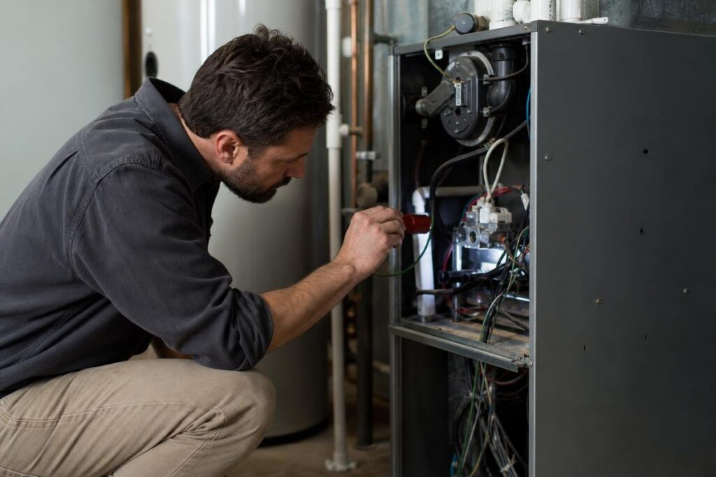A man kneels and uses a screwdriver to work on the wiring inside an open furnace unit in a utility room.