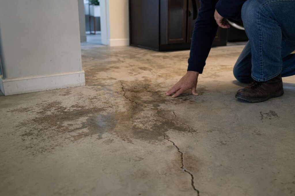 A person kneels on a concrete floor, touching a large crack and water stain, possibly inspecting for damage.