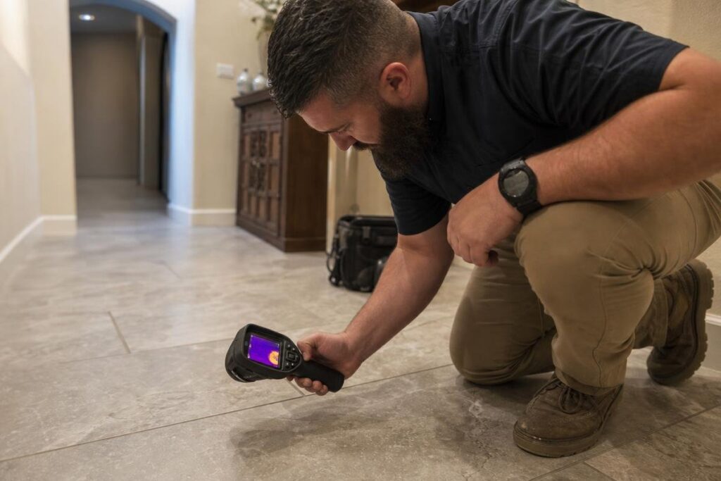 A man kneels on a tiled floor, using a handheld thermal imaging camera to inspect the tiles. A hallway and wooden cabinet are visible in the background.