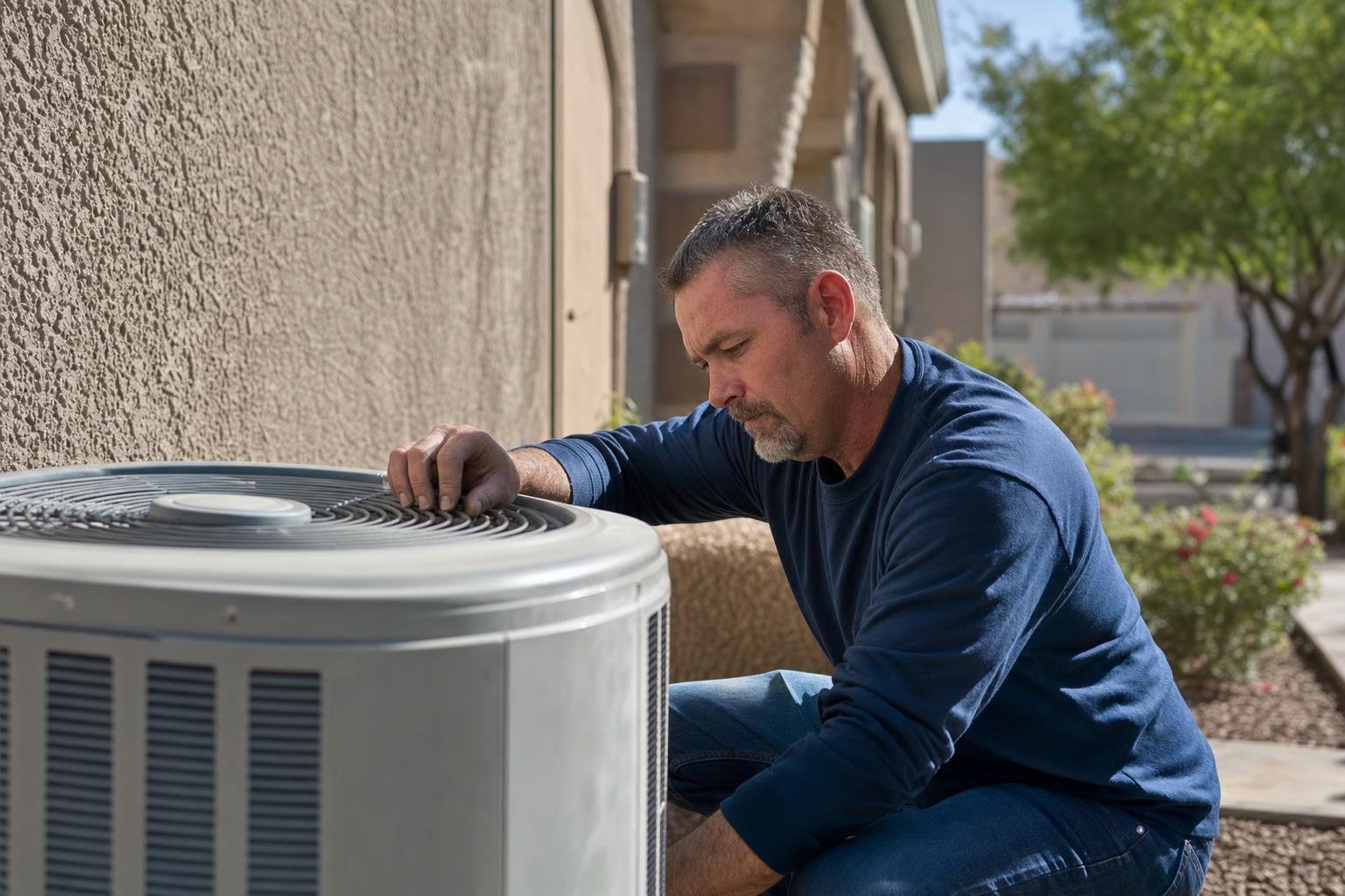 A man in a blue shirt kneels outside next to a house, inspecting or repairing an air conditioning unit on a sunny day. Shrubs and a residential neighborhood are visible in the background.