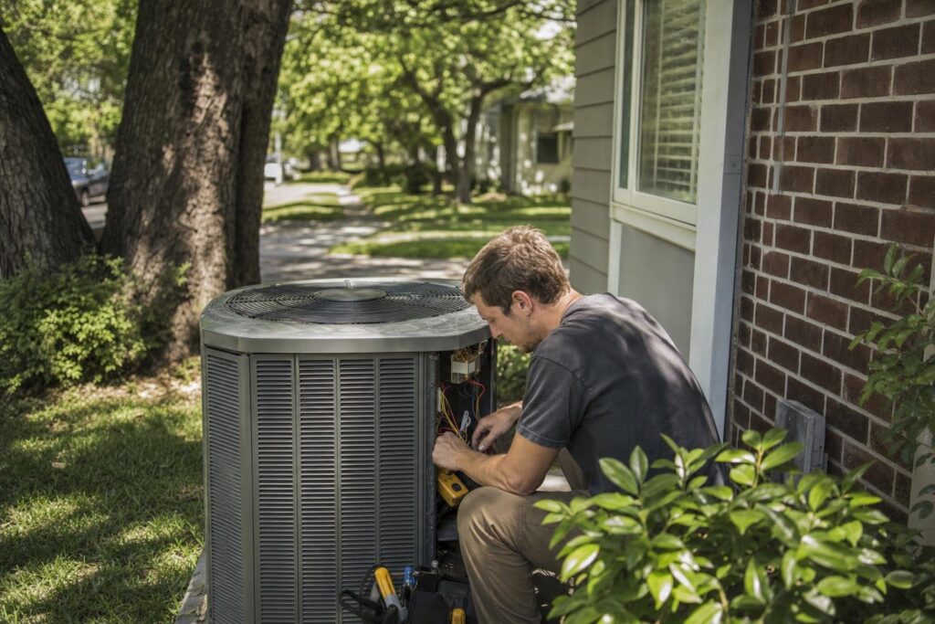 A man kneels outside a house, repairing or performing maintenance on an air conditioning unit near a brick wall, surrounded by trees and greenery.