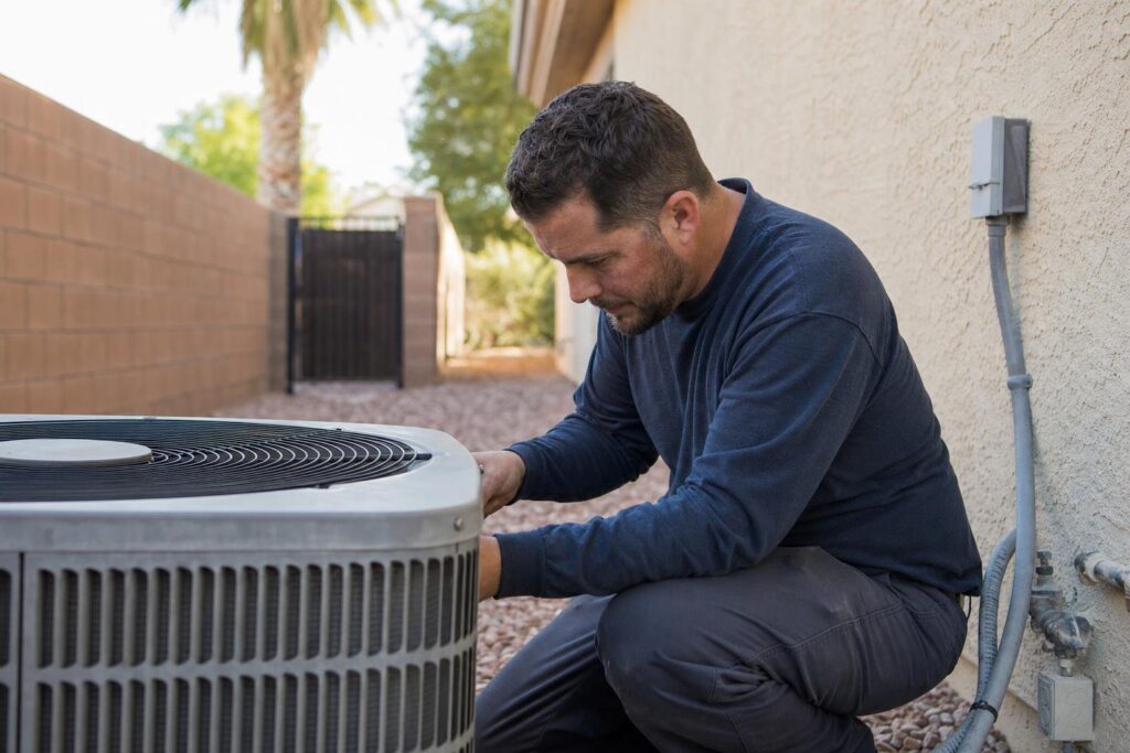 A man in a blue shirt kneels outside next to a building, working on an air conditioning unit. He appears focused, handling tools near the unit’s electrical wiring. Trees and a brick wall are in the background.