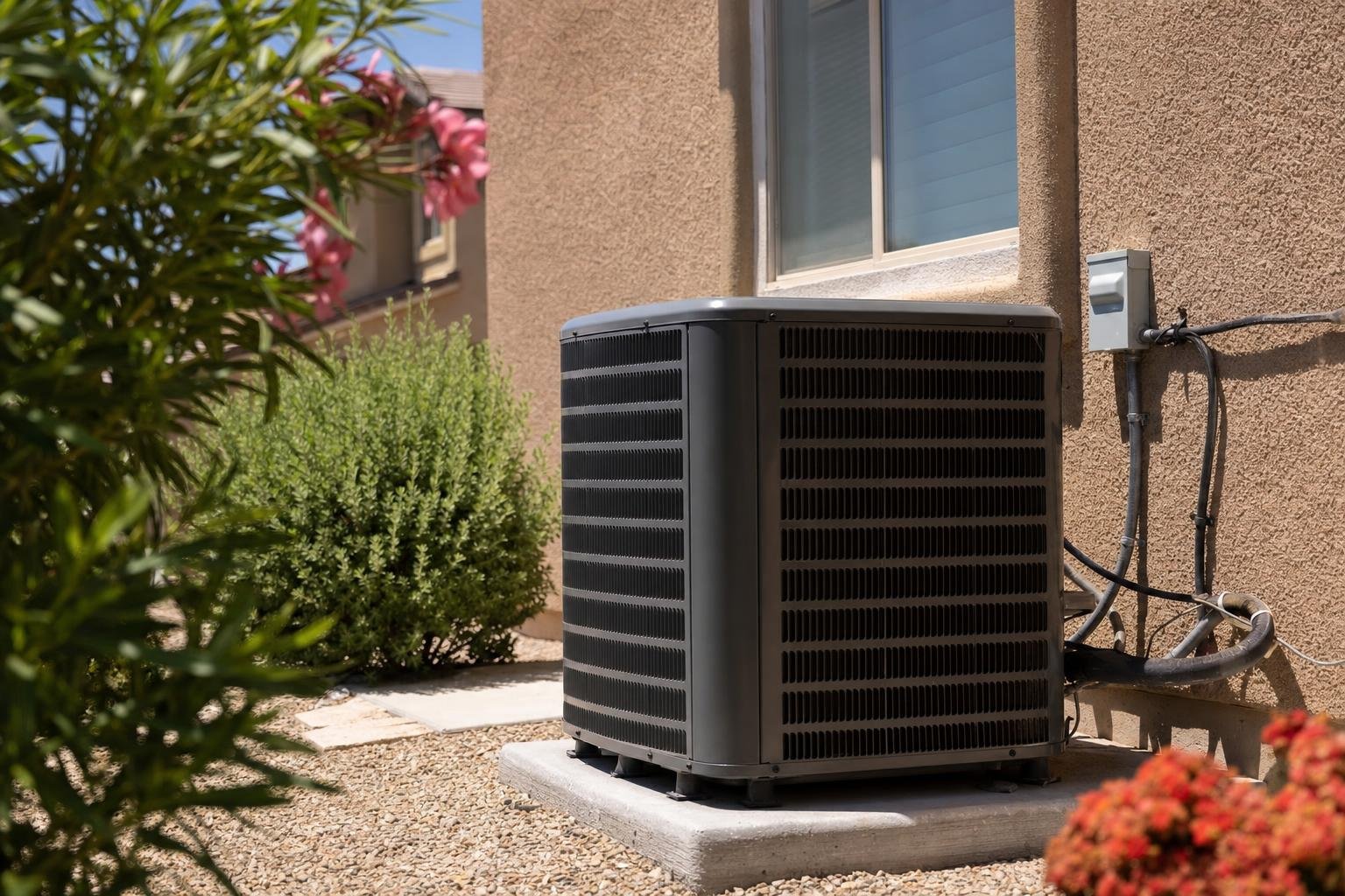 An outdoor air conditioning unit sits on a concrete pad next to a house, surrounded by gravel, green bushes, and flowering plants under bright sunlight.