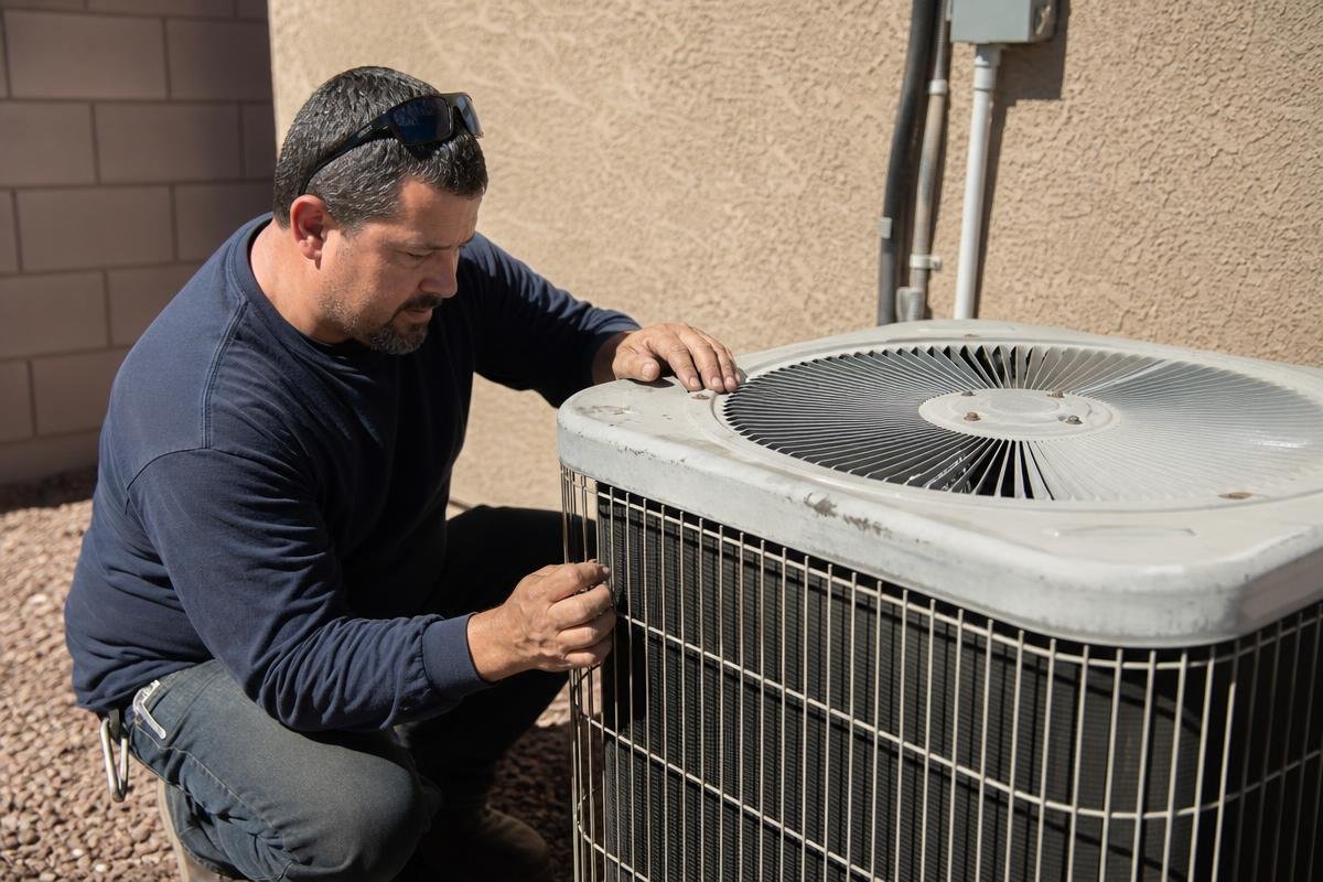 A man crouches next to an outdoor air conditioning unit, inspecting or repairing it. He is wearing a navy shirt, jeans, sunglasses, and appears to be working on the metal casing.