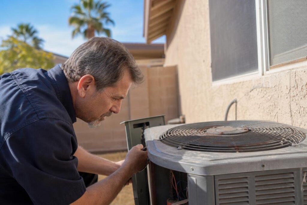 A man repairs an outdoor air conditioning unit next to a beige house on a sunny day, with palm trees visible in the background.