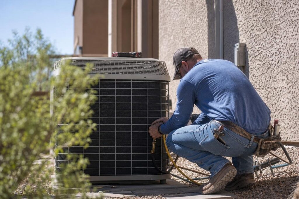 A technician in a blue shirt and jeans kneels beside an outdoor air conditioning unit, using tools to perform maintenance or repairs on a sunny day next to a beige building.