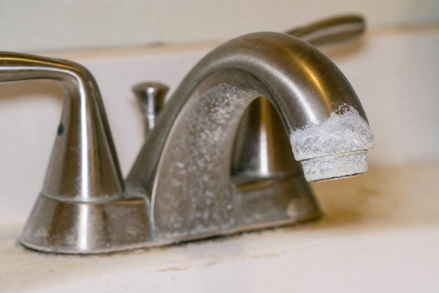 A close-up of a bathroom sink faucet with visible white mineral buildup and stains on the metal surface, indicating hard water deposits.